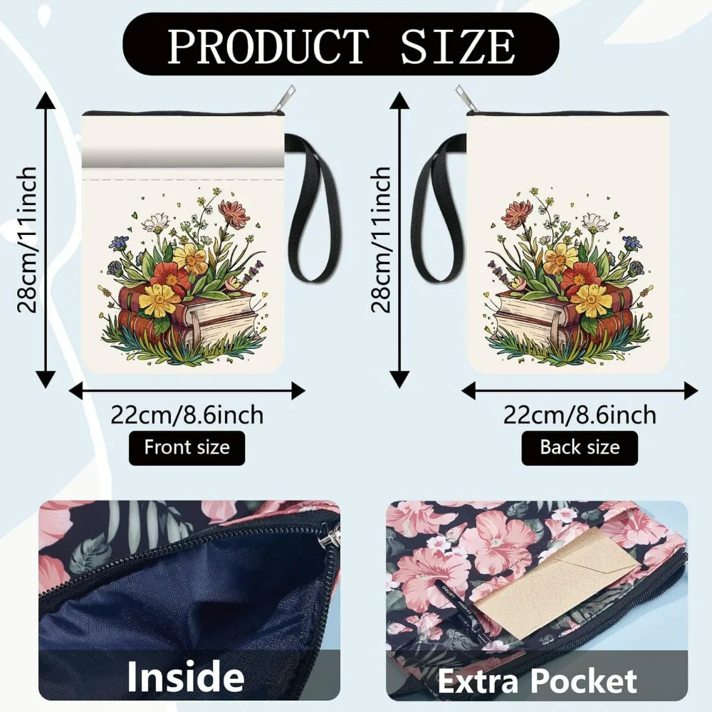 Floral Book Sleeve – Washable Cloth Cover with Zipper Pocket