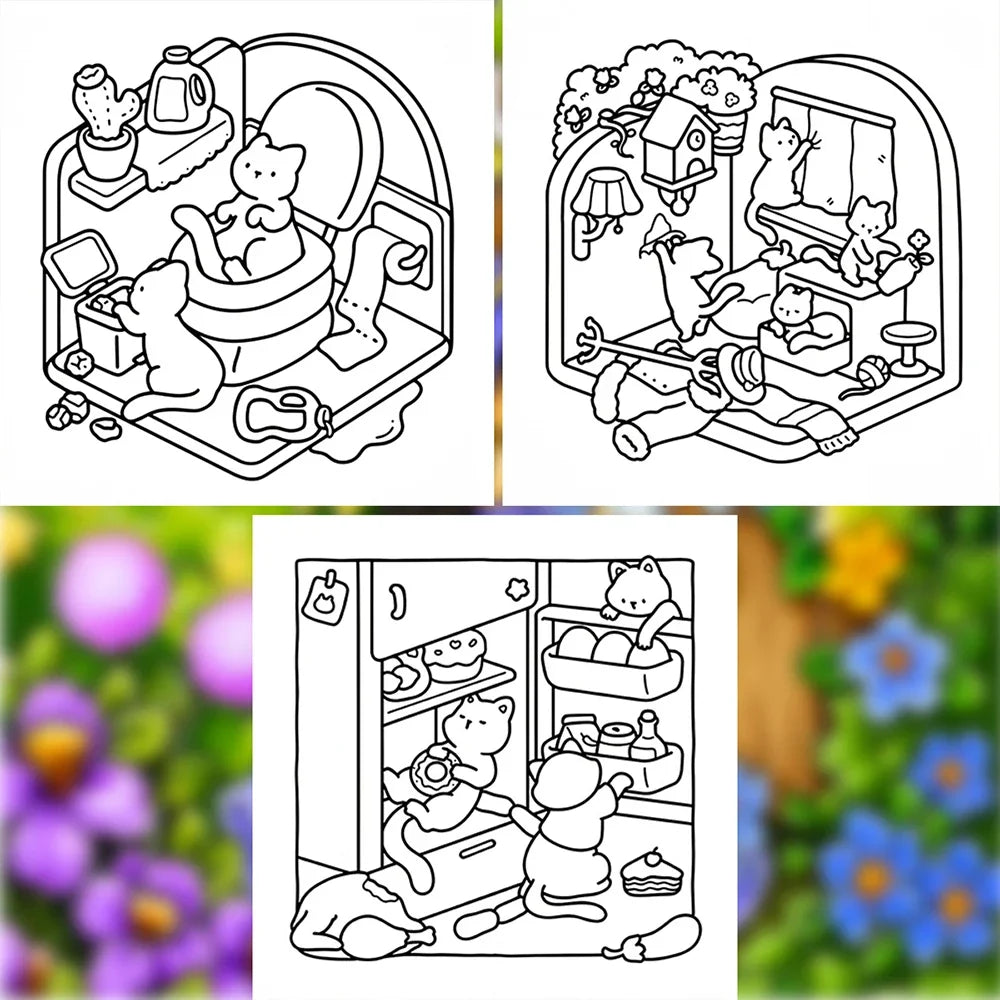 24 Page Selling Cute Cat Coloring Book Student Stress Relief Cartoon