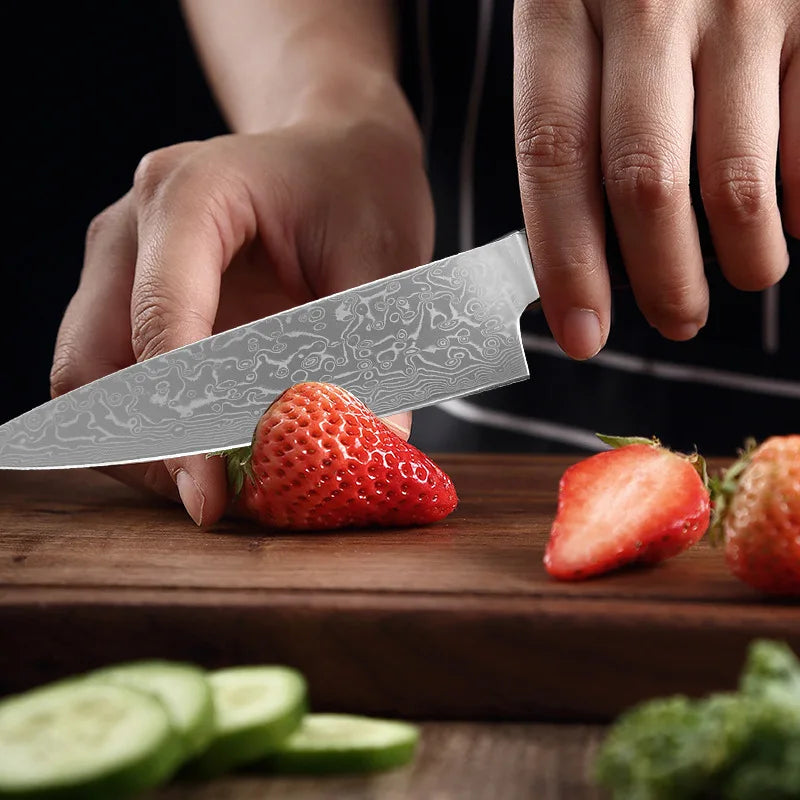 Damascus Steel Chef Knife – Sharp 14.5cm Blade, Wood Handle