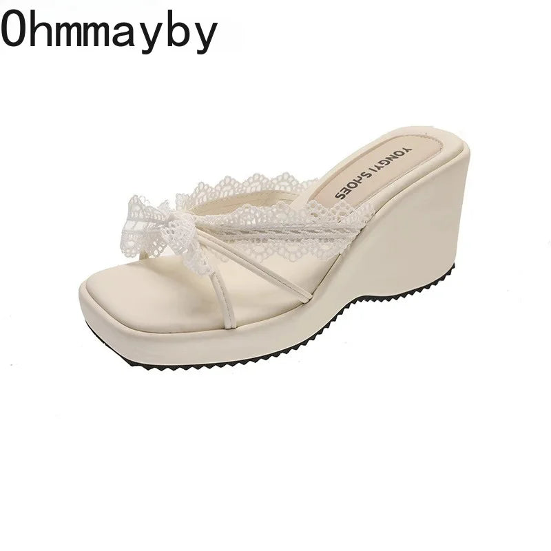 Women's Lace Wedge Slippers – Open Toe Floral Summer Slides