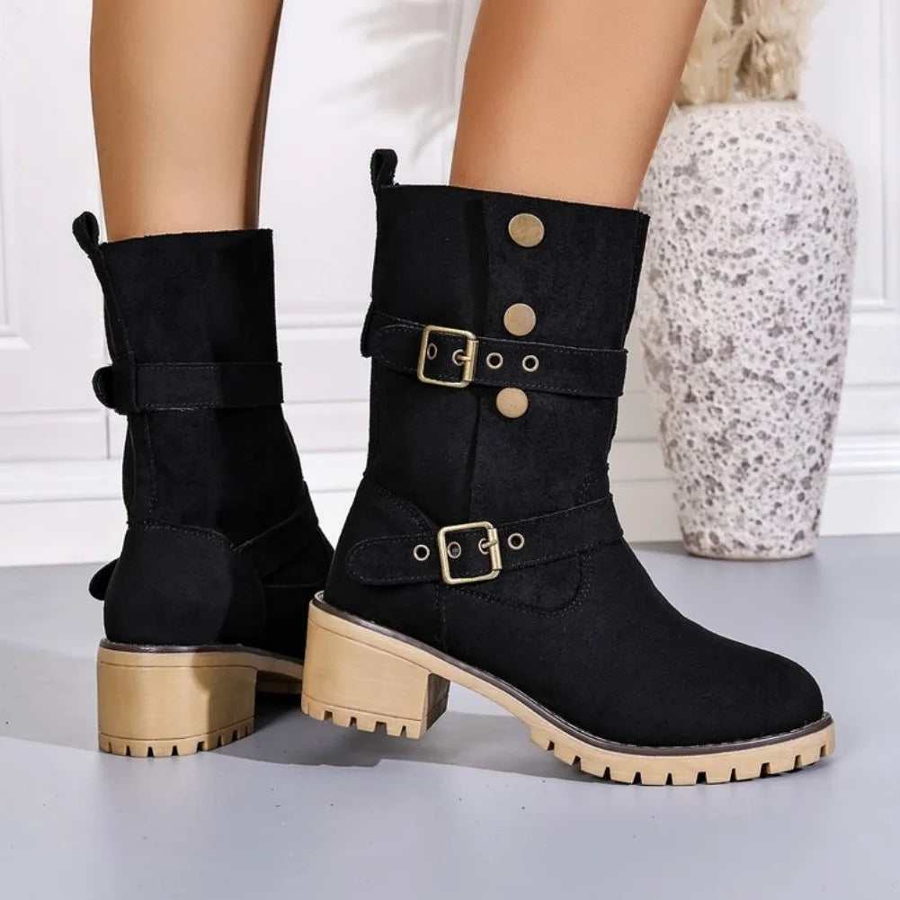 VKJF Women's Mid-Calf Western Boots – Vintage Buckle Slip-On