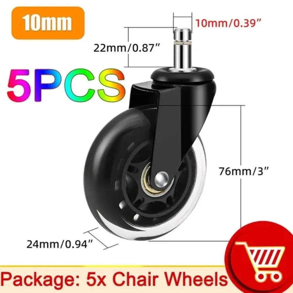 5-Pack Silent Office Chair Casters 50KG – 10mm/11mm Swivel Wheels