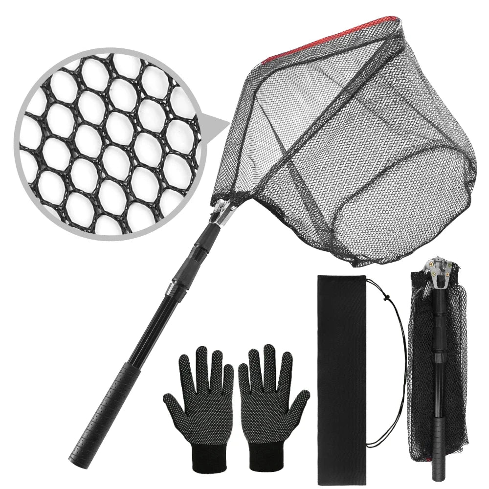 Telescoping Foldable Fishing Landing Net with Glove & Bag
