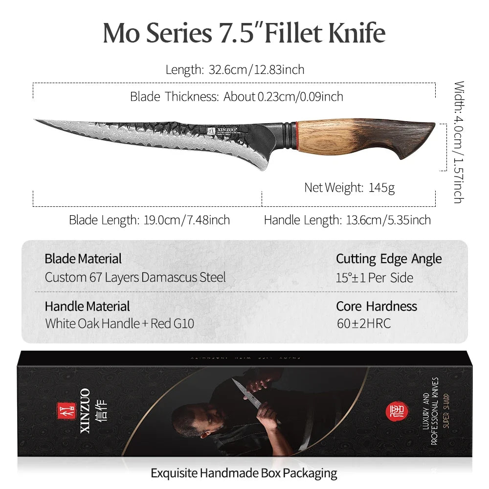 XINZUO 7.5" Damascus Steel Fillet Knife – 67-Layer Forged Blade