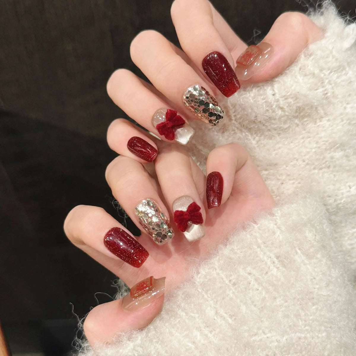 Red Glitter Press On Nails | Bow Decor Short False Nail Tips