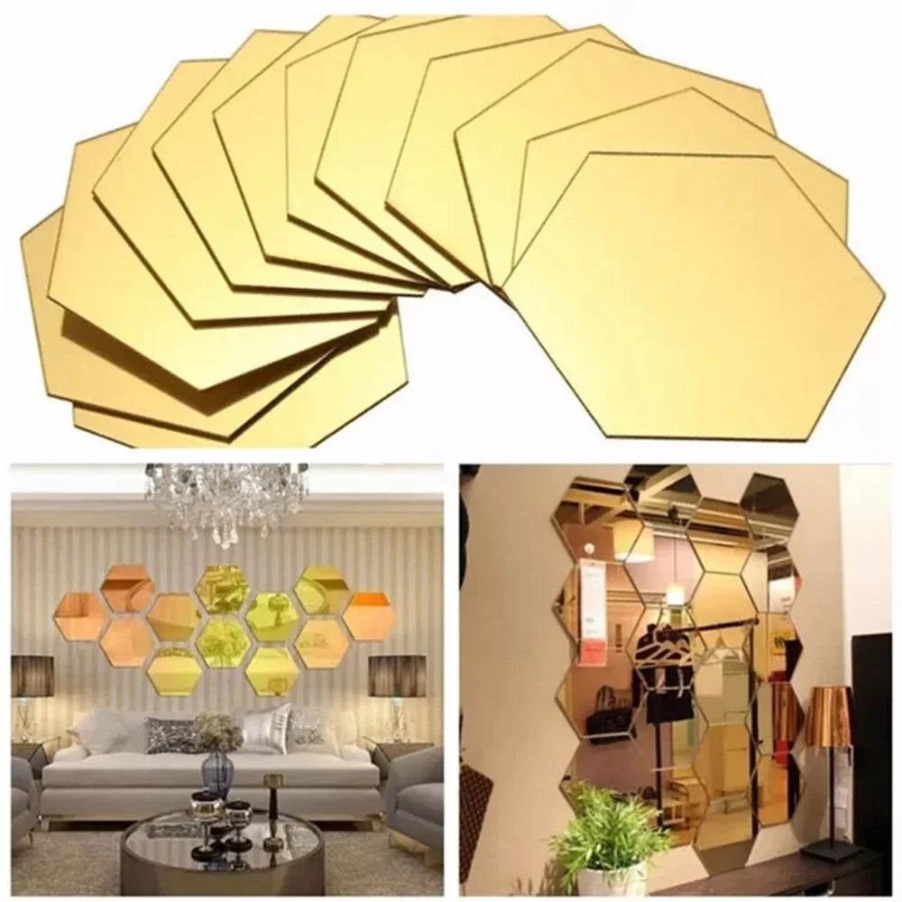 12-Pc 3D Hexagon Acrylic Mirror Wall Stickers | Gold & Silver