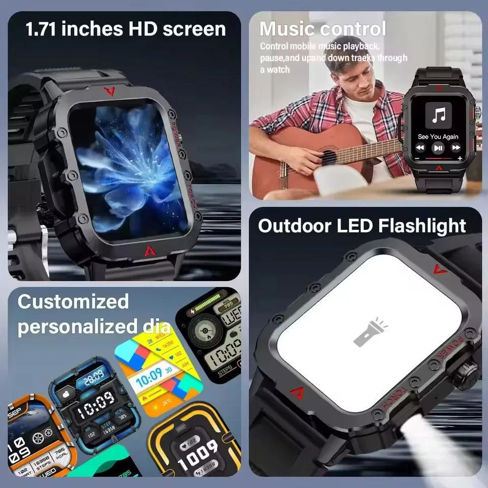 Military Smartwatch Men – Bluetooth Call, LED Flashlight, 3ATM