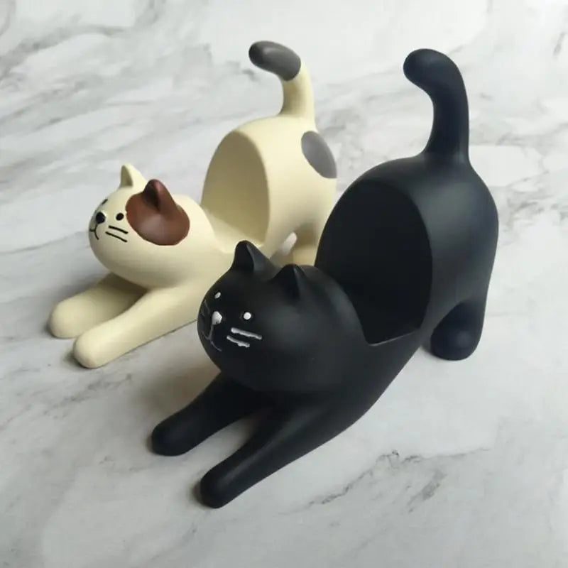 Cute Cat Phone Holder Animal Desk Resin Stand Stretching Figurine