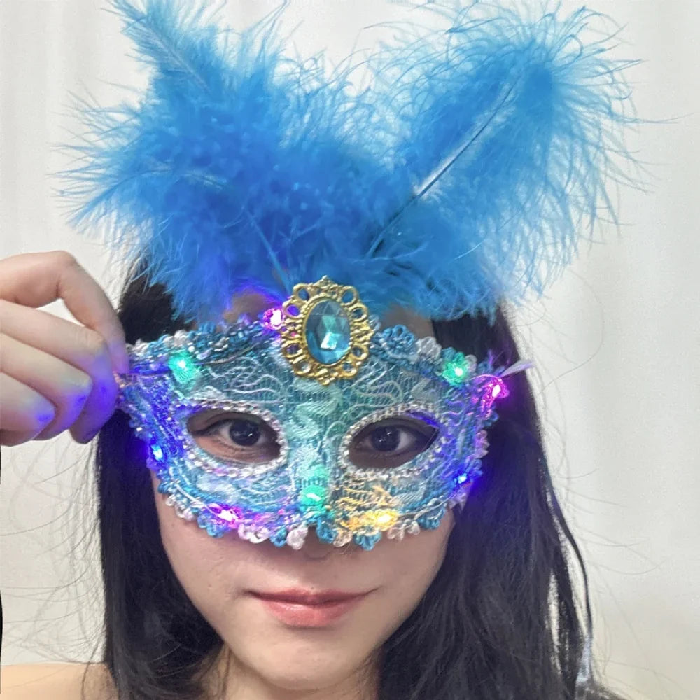 Venetian Venice Glowing Feather Led Masks Woman Fancy Dance Party Eye