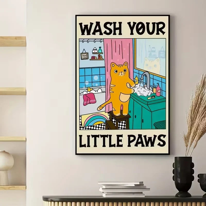 Cartoon Cat "Wash Your Paws" Canvas Wall Art | Bathroom Decor