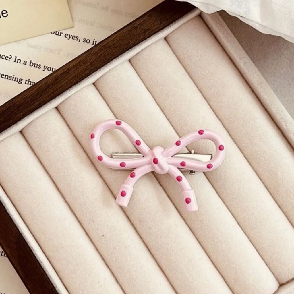 Kids Pink Bow Polka Dot Duckbill Hair Clip – Korean Style