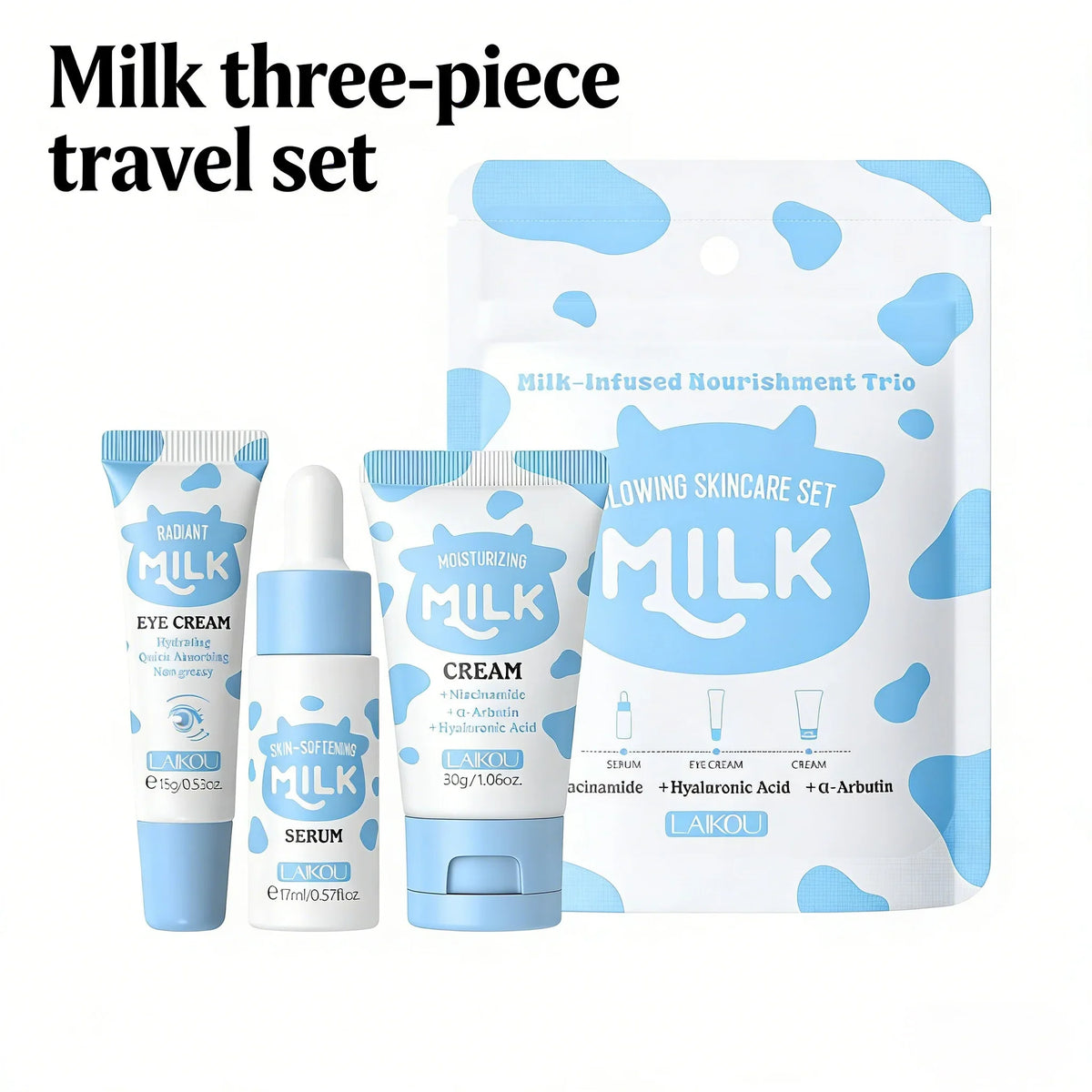 LAIKOU Milk Skincare Set – Niacinamide, Hyaluronic Acid, 3pcs