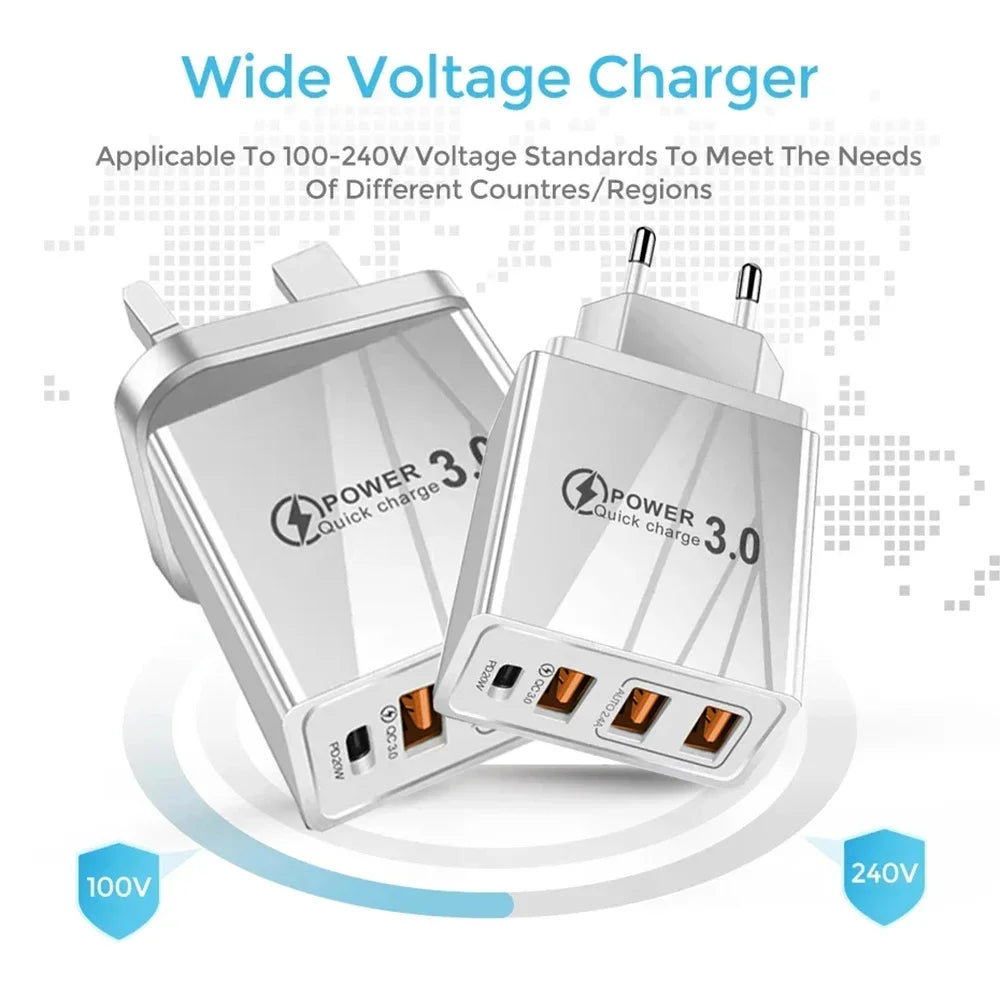 48W USB-C PD Fast Charger QC 3.0 | 4-Port EU/US Wall Adapter