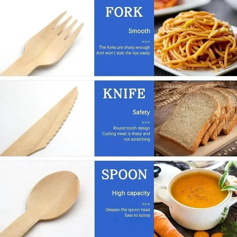 Disposable Wooden Cutlery Set 50/100pcs | Eco-Friendly Utensils