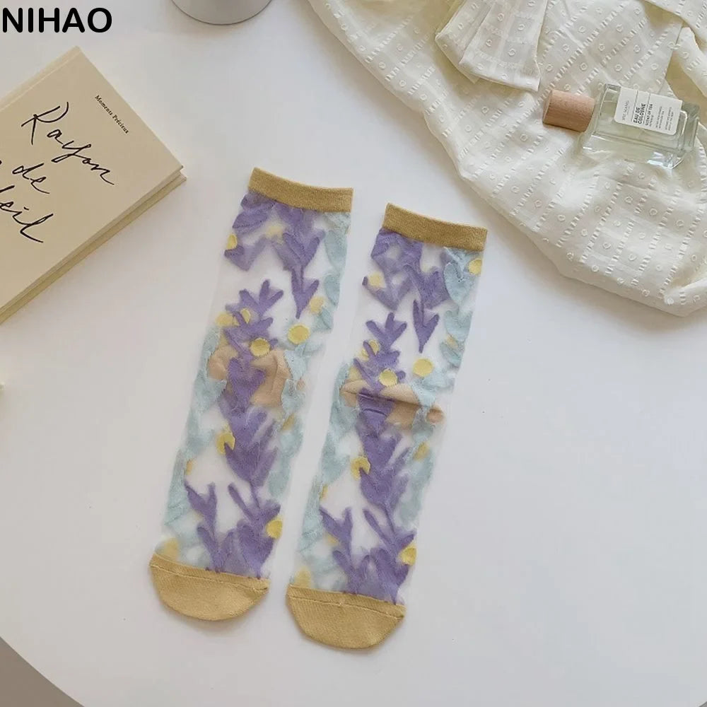 Korean Floral Mesh Tube Socks – Sheer Embroidery Women's Socks
