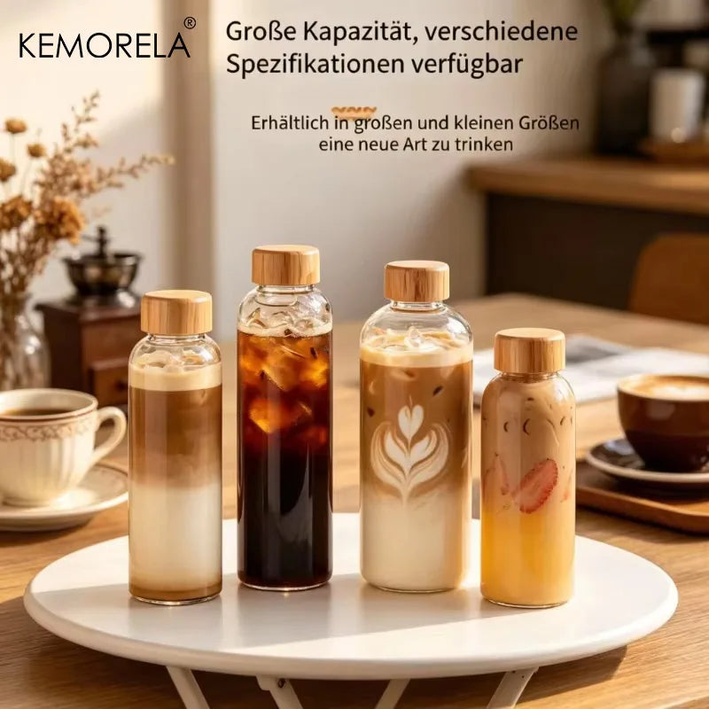 Glass Water Bottle Wooden Lid 500/750/1000ml + Cleaning Brush