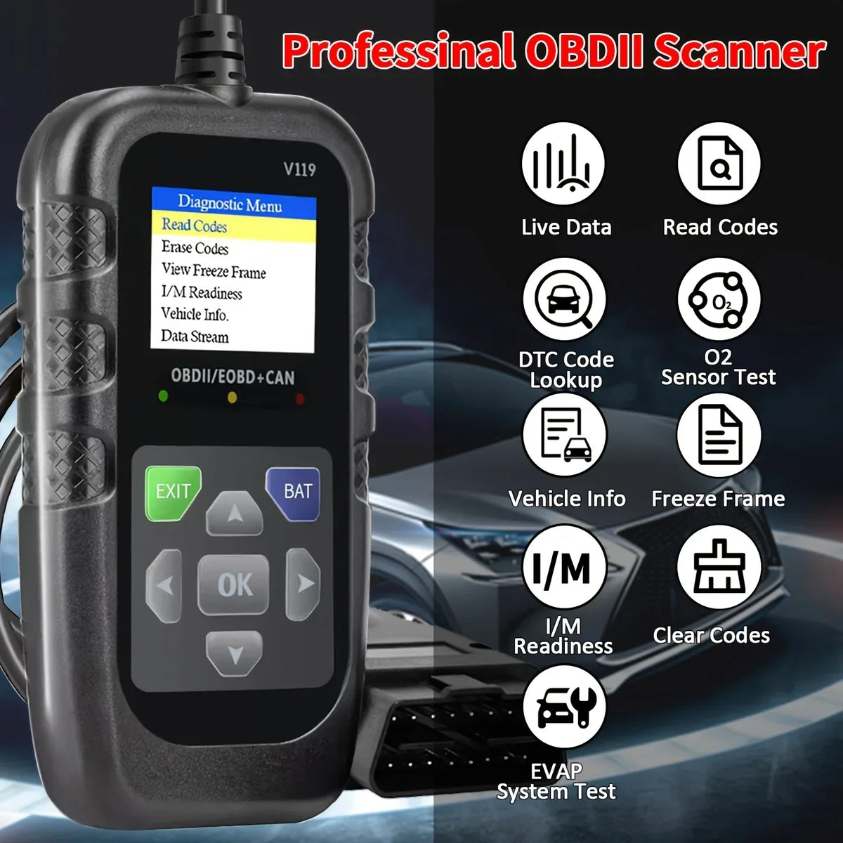 OBD2 Car Diagnostic Tool V119 – Engine Fault Code Reader