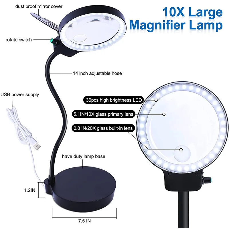 3X 10X LED Magnifying Glass Table Lamp – 36 LED USB Powered