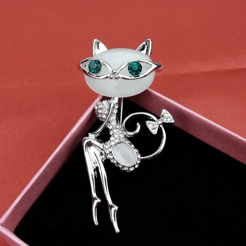 Opal Cat Eye Stone Brooch – Crystal Kitten Pin for Women