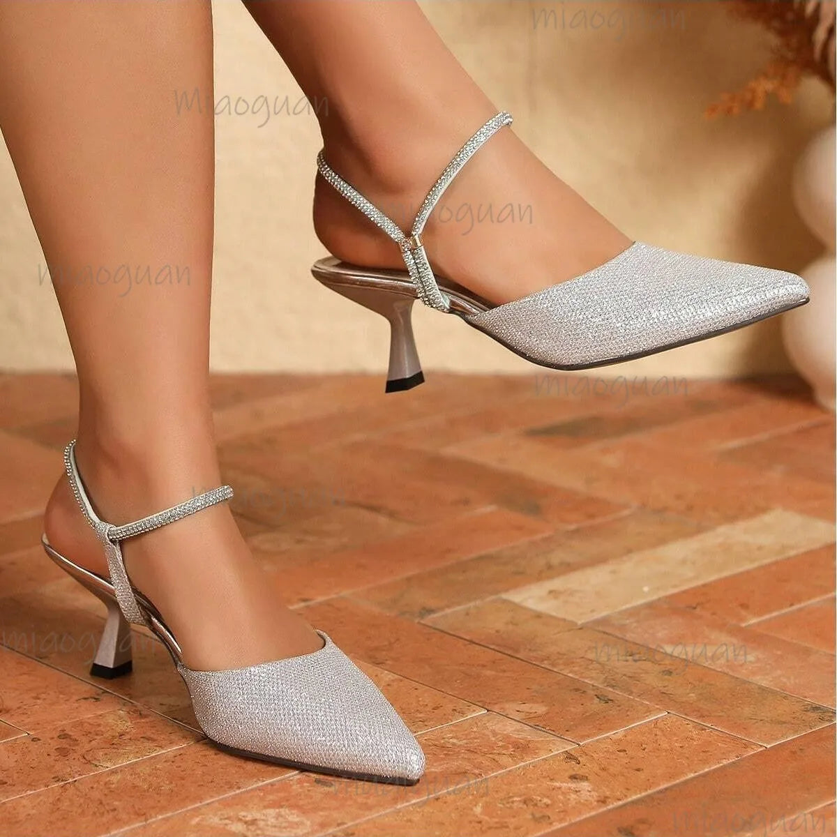 Silver Sequin High Heel Pumps – Pointed Toe Ankle Strap Sandals