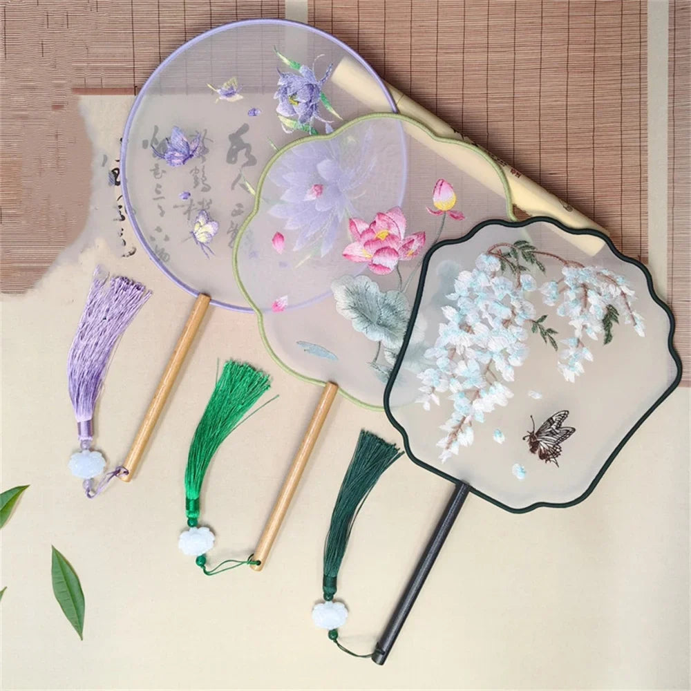 Flower Embroidered Silk Round Fan Chinese Hand Fans Wooden Handle
