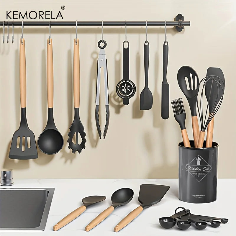 KEMORELA 30-Piece Silicone Cooking Utensil Set – Wooden Handles