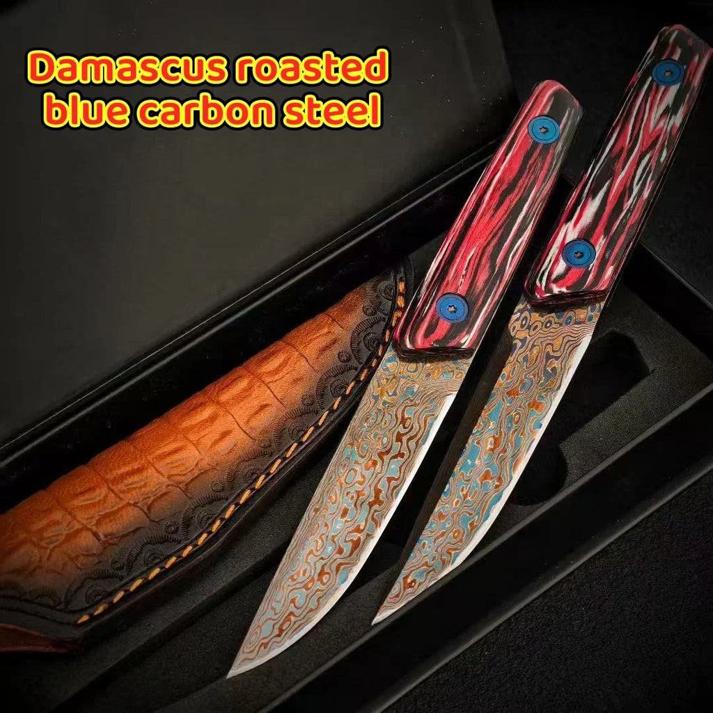 Damascus Steel Utility Knife – Colored Wood Handle & Sharp Blade