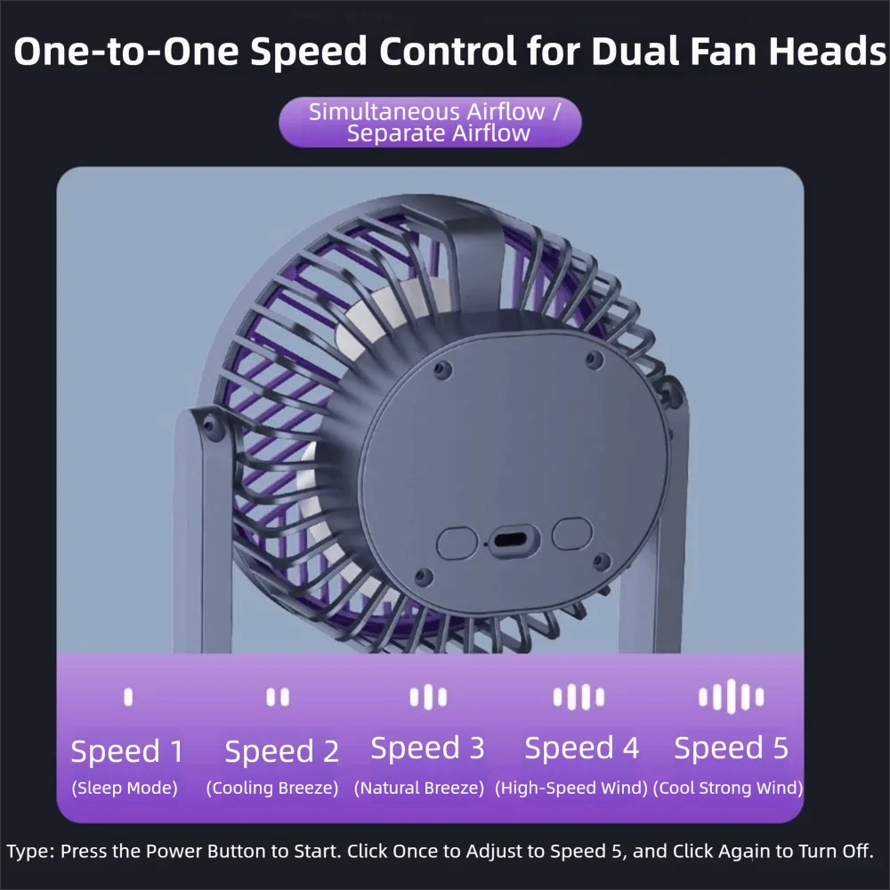 5-Speed Dual-Head USB Rechargeable Desktop Fan + Night Light