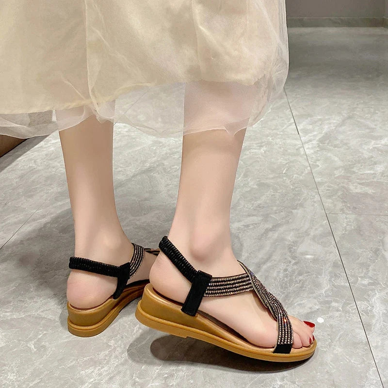 Women's Flat Sandals – Diamond Slip-On Round Toe, Sizes 35–42