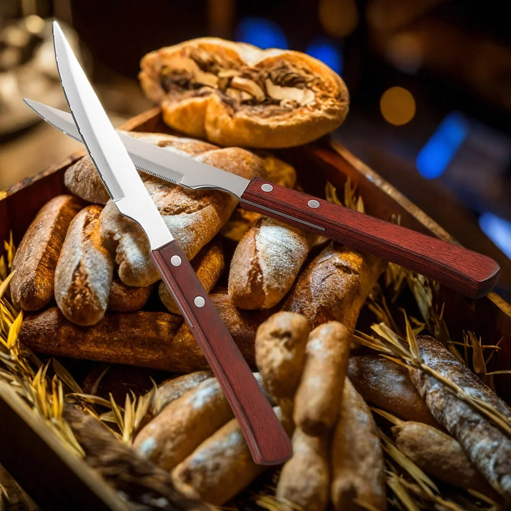 Serrated Steak Knife Set – Stainless Steel & Redwood Handle (1–12 Pc)