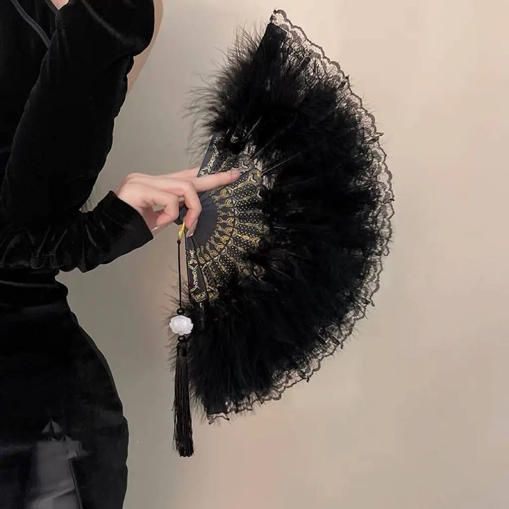 Chinese Vintage Retro Foldable Hand Fan Feathers Lace Folding