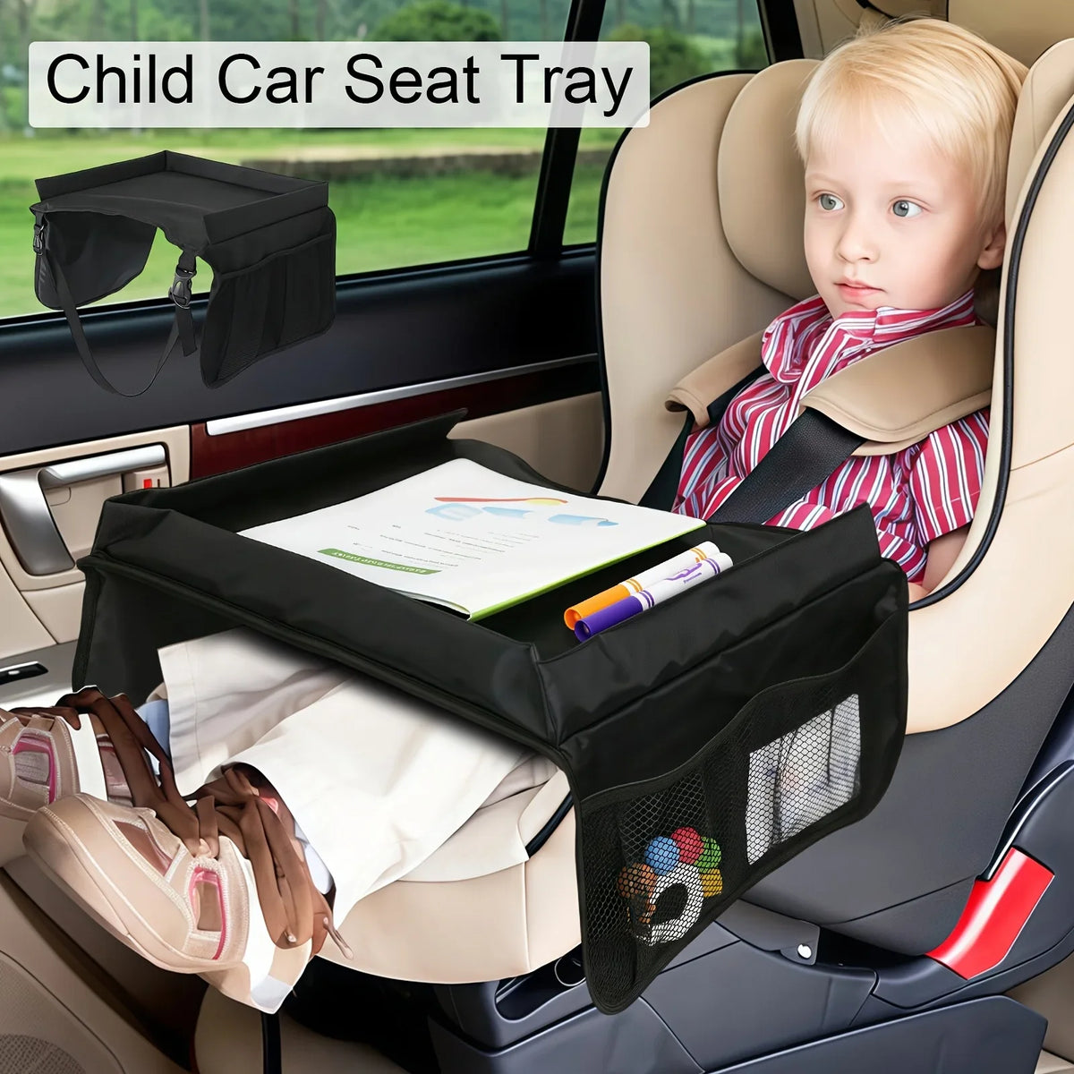 Foldable Expandable Car Seat Travel Tray Multiple Storage Pockets