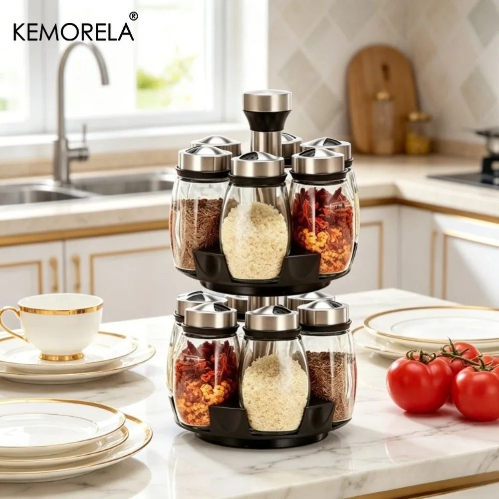 Rotating Glass Spice Jar Rack – KEMORELA Kitchen Organizer