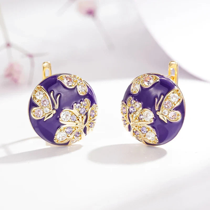 Huitan Purple Flower Enamel Gold Hoop Earrings for Women