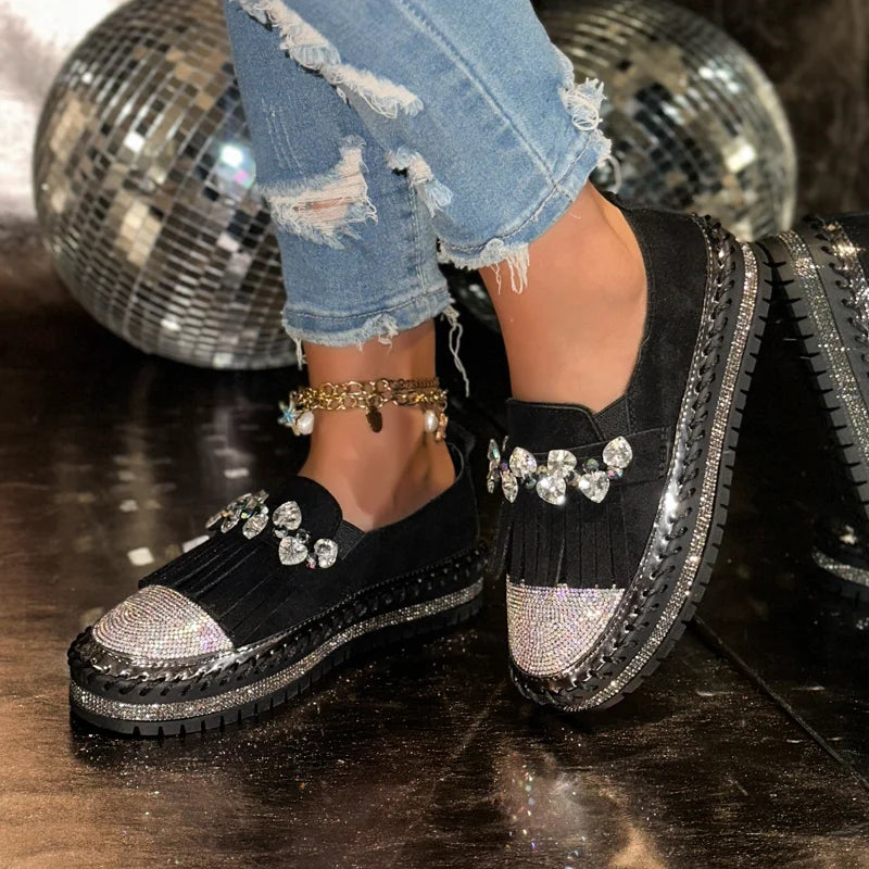 Women's Rhinestone Cow Suede Loafers – Flat Slip-On Shoes