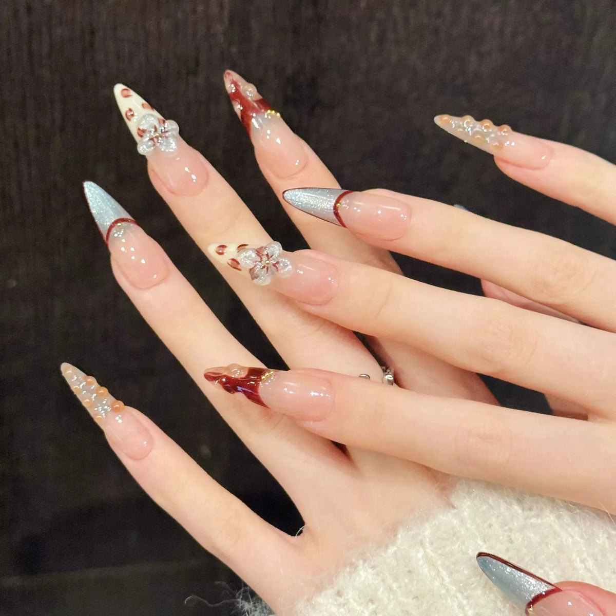 Handmade Press On Nails – 3D Flowers Cat's Eye Long False Tips