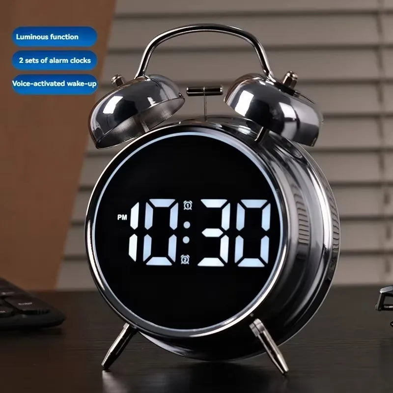 Dual Bell Digital Alarm Clock – LED Display, Metal, Kids & Adults
