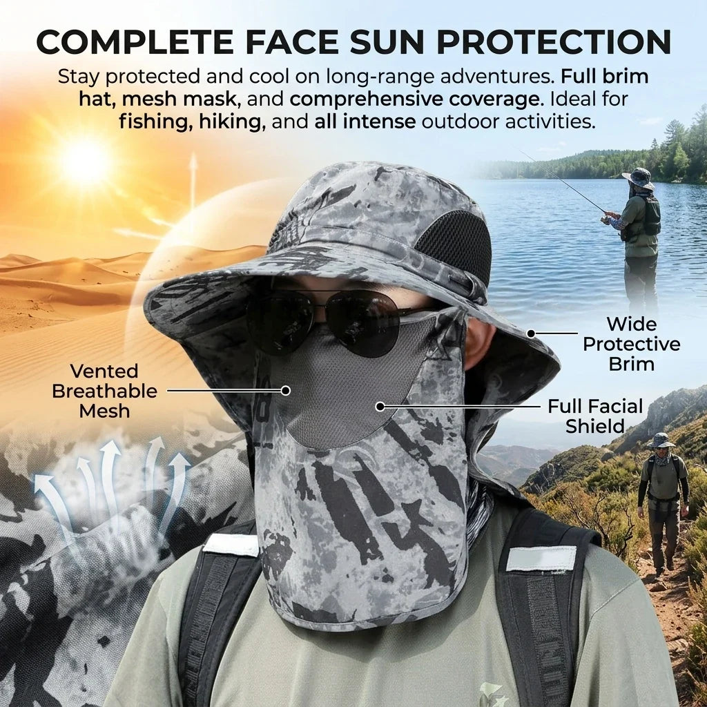 UPF50+ Wide Brim Fishing Hat with Neck Flap | Unisex Sun Cap