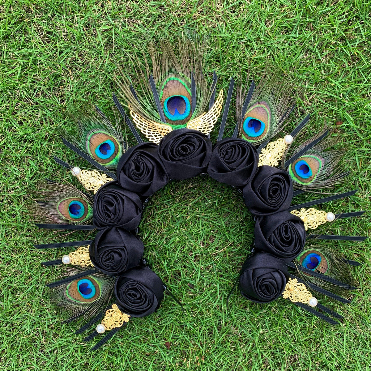 Peacock Feather Gold Halo Crown Headband | Bridal Cosplay Festival