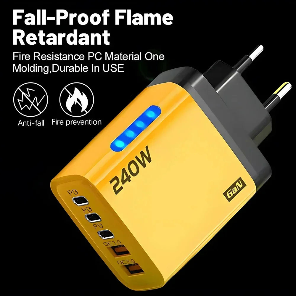 240W GaN 5-Port USB-C PD Fast Wall Charger | QC 3.0