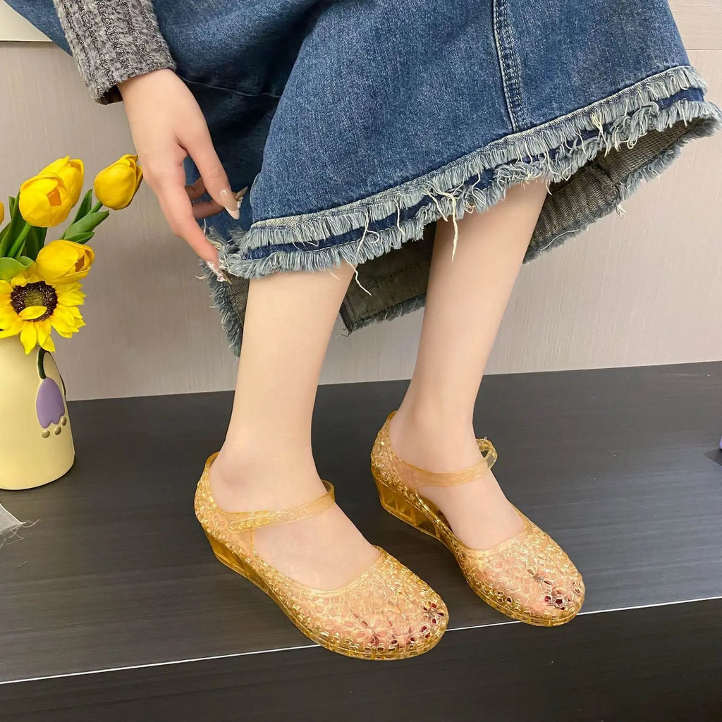 Glitter Jelly Mary Jane Wedge Sandals – Sparkly Ankle Strap