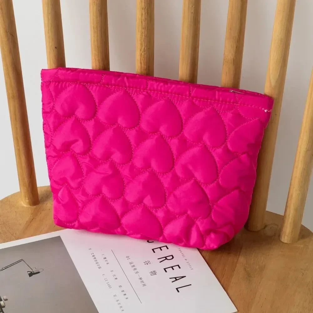 Korean Heart Quilted Cosmetic Bag | Large Capacity Makeup Organizer