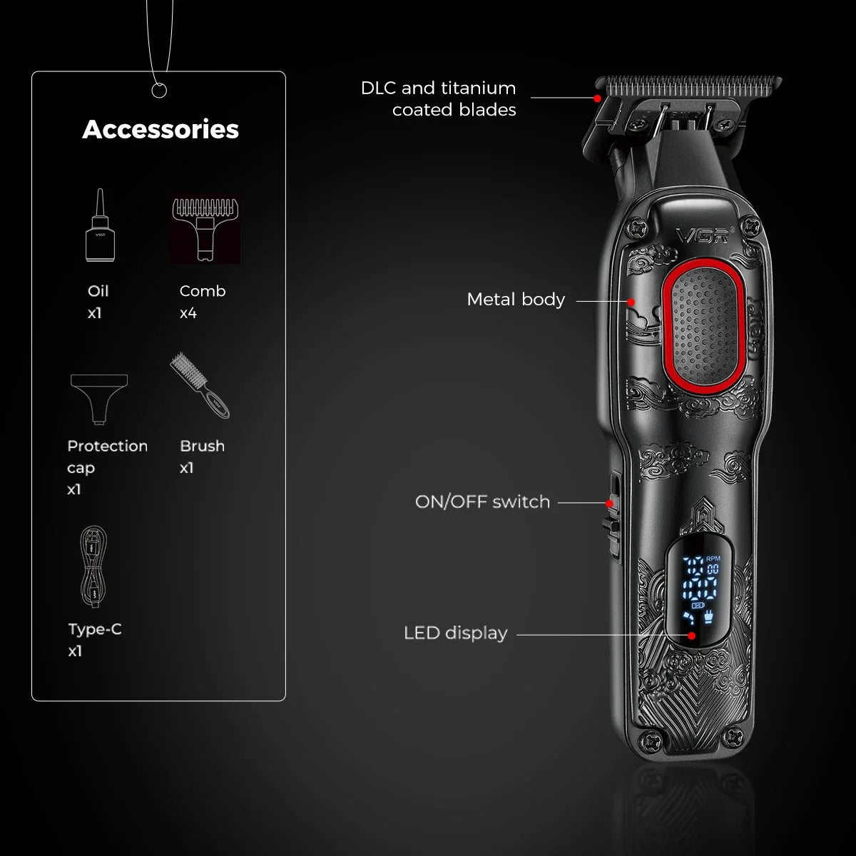 VGR V-254 Professional Digital Hair Clipper | 7000 RPM