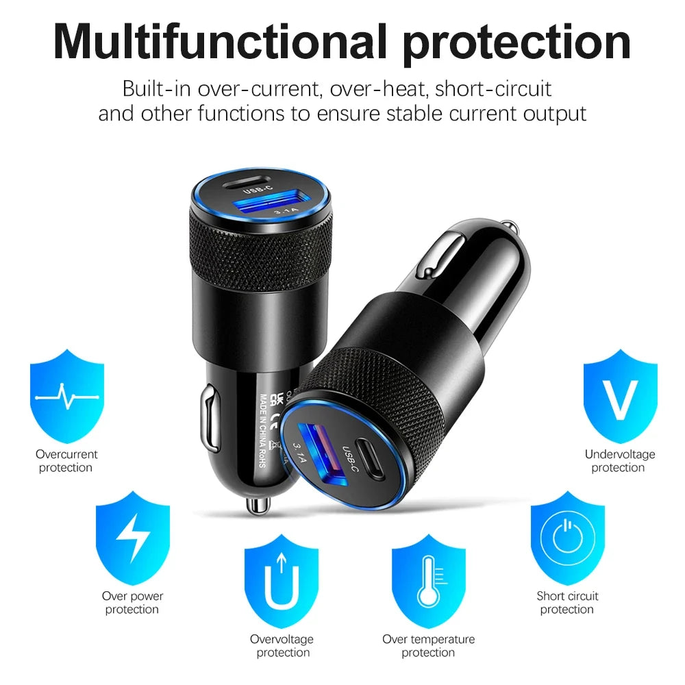 3.1A Dual USB Car Charger QC3.0 & PD Fast Charge Adapter