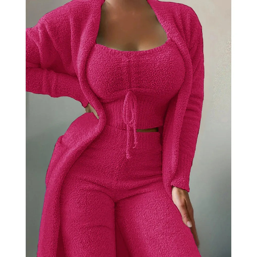 Women's Fluffy Winter Pajama Set 3-Piece Plus Size S–3XL