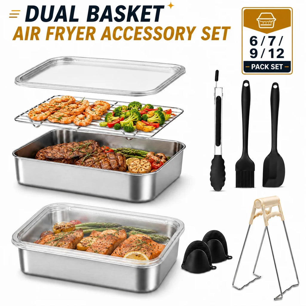 Dual Zone Air Fryer Stainless Steel Baking Pan & Rack Set