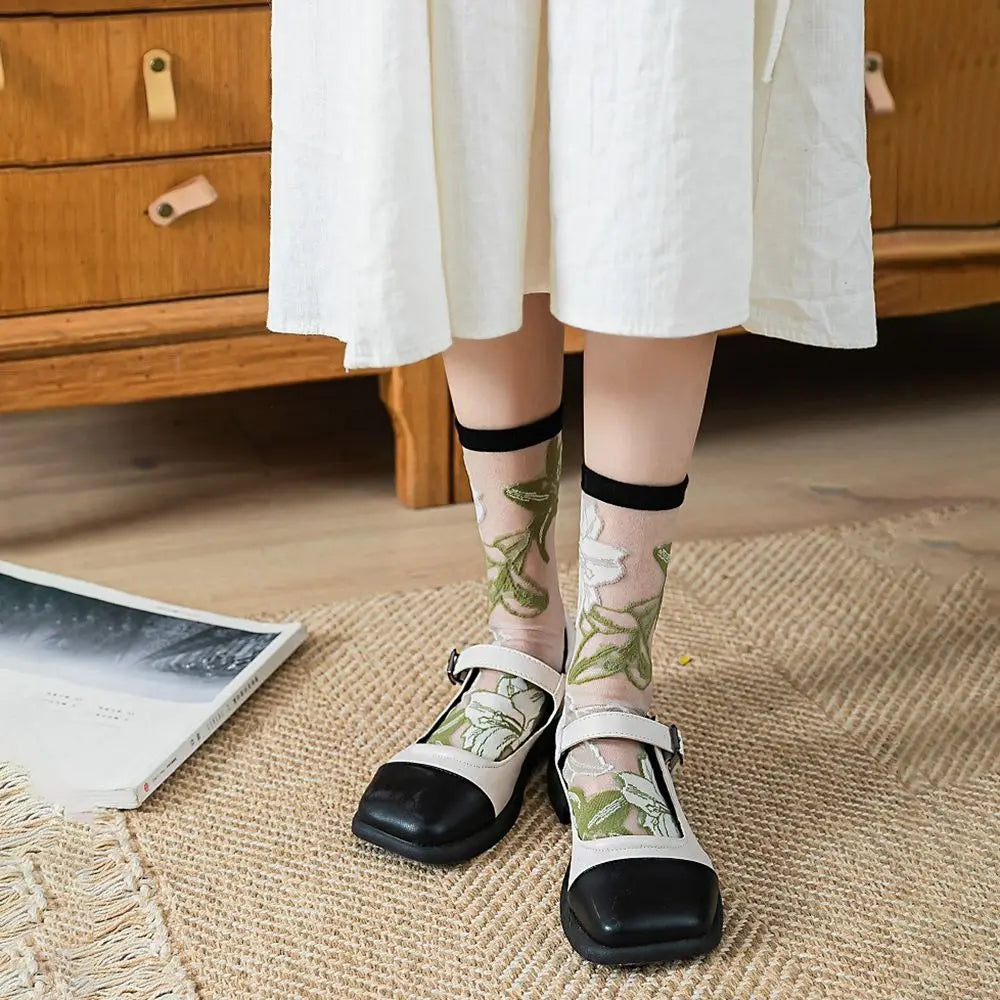 Korean Floral Mesh Tube Socks – Sheer Embroidery Women's Socks