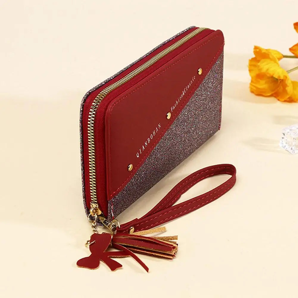 Women's Glitter PU Leather Wallet – Tassel Zipper Clutch Purse