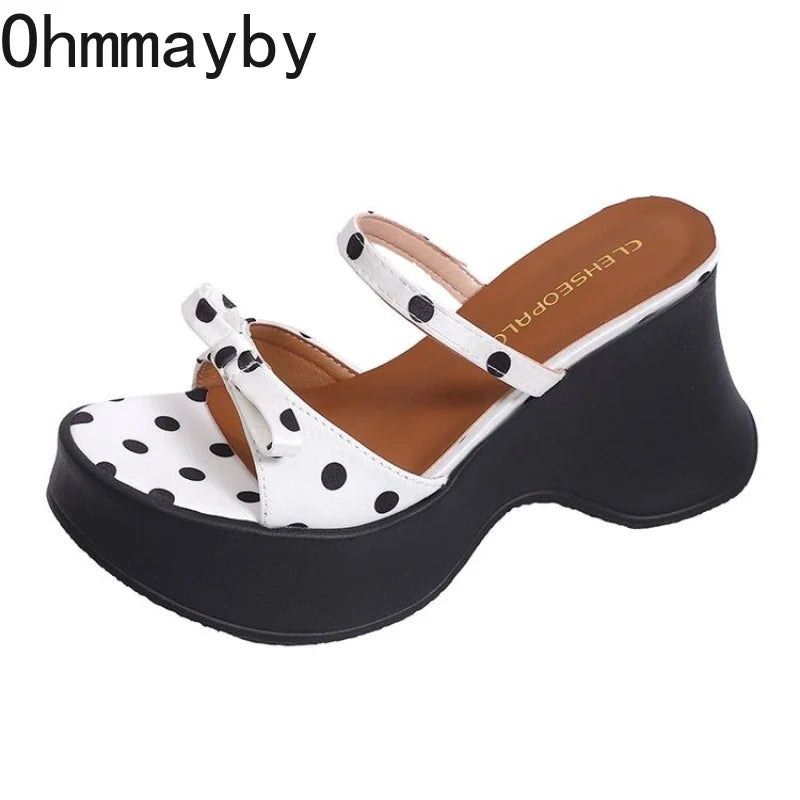 Women's Polka Dot Platform Heeled Slides – Open Toe Summer Shoes