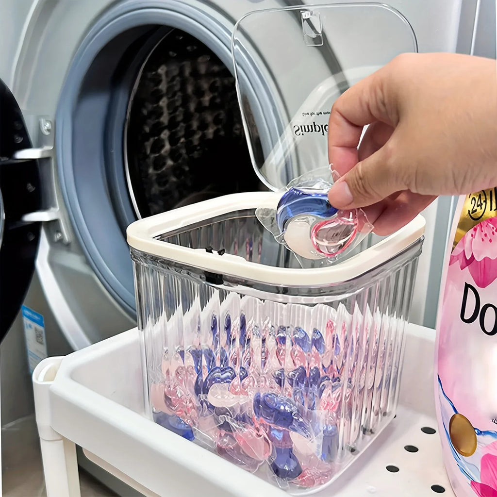 Laundry Capsule Container Detergent Scoop Jar Seal Pop-up Lid